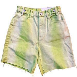 BDG Urban Outfitters Green Yellow Longline Denim Raw Hem Shorts Size 24 NWT